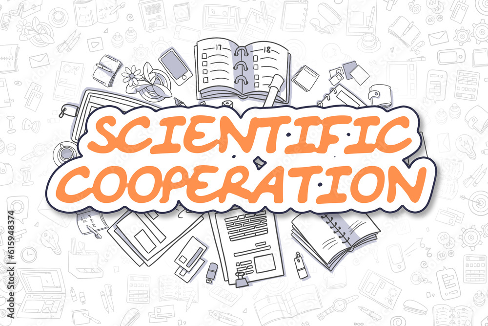 Business Illustration of Scientific Cooperation. Doodle Orange Inscription Hand Drawn Cartoon Design Elements. Scientific Cooperation Concept.