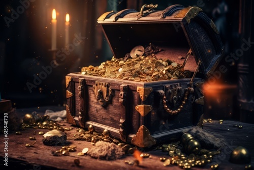 Opened old treasure chest full with gold coins. Generative Ai