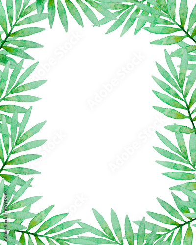 Floral frame with green watercolor palm branch. Hand drawn tropical background