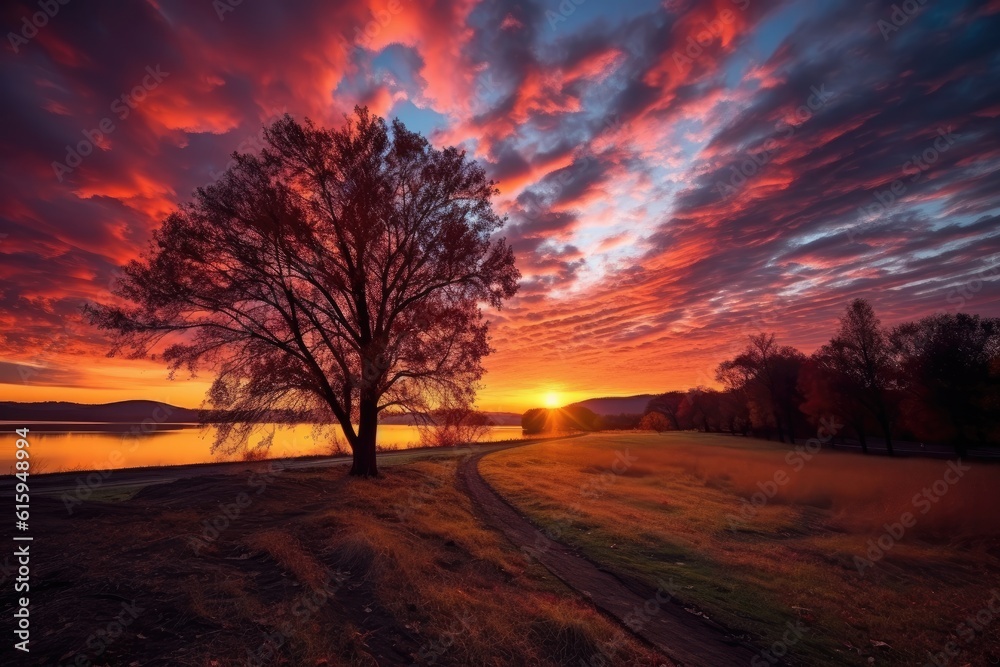 Fototapeta premium The shot balances the silhouettes of bare trees against the vibrant colors of the sunset sky, blending the tranquility and mystery of the autumn season. Generative AI