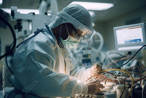 a person working in an operating room with multiple monitors on the wall and one man is wearing a white lab coat