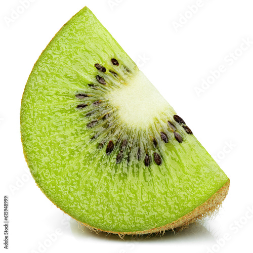 Ripe slice of kiwi fruit stand isolated on white background with shadow