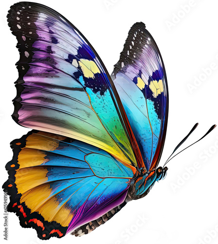 PNG flying butterfly with colorful wings isolated on transparent background. Digital illustration