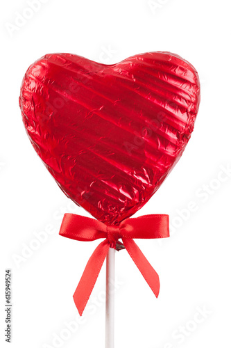 Red Chocolate love heart lollypop with a red ribbon bow on a stick. Isolated on a white background