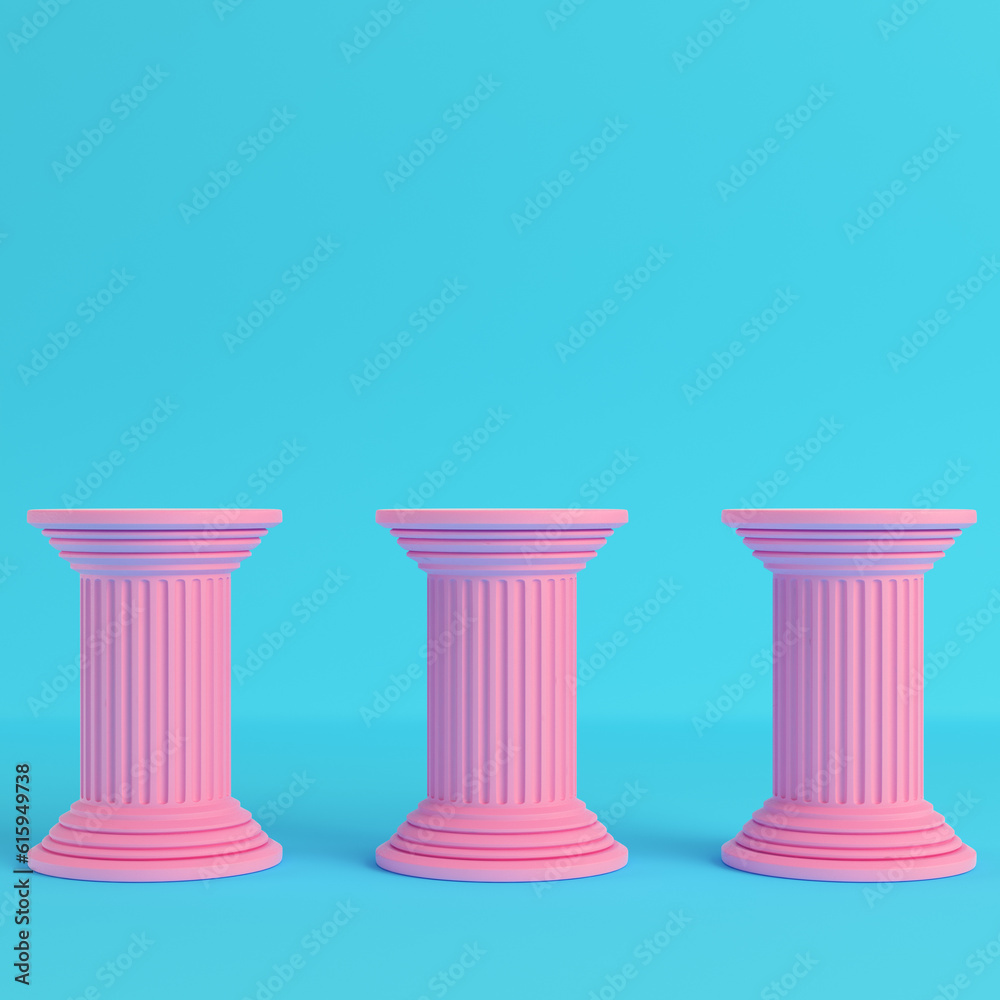 Three ancient pillars on bright blue background in pastel colors. Minimalism concept. 3d render Three ancient pillars on bright blue background in pastel colors. Minimalism concept. 3d render