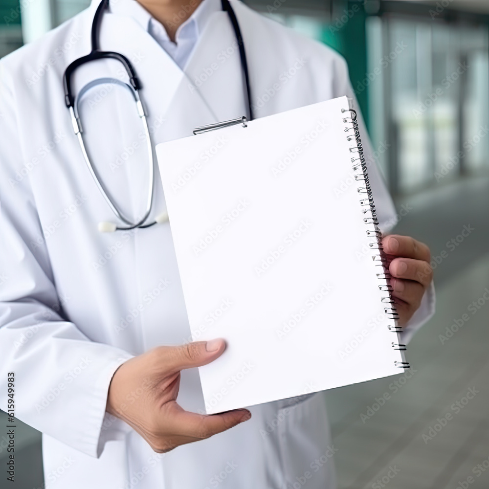 Doctor with a stethoscope in uniform holding white blank notebook in his hand. Copy space mockup for banner, advertising concept. AI generative. Doctor with a stethoscope in uniform holding white blank notebook in his hand. Copy space mockup for banner, advertising concept. AI generative.