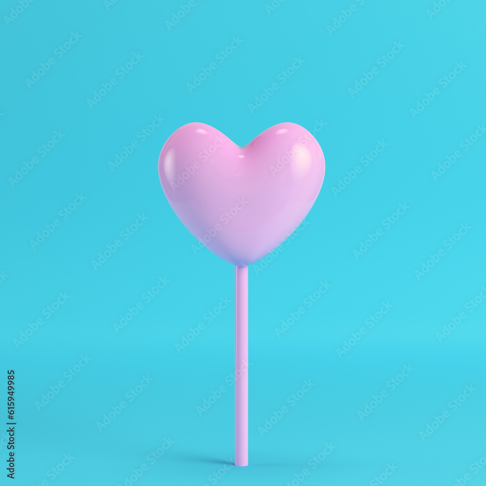 Pink heart on a stick on bright blue background in pastel colors. Minimalism concept. 3d render