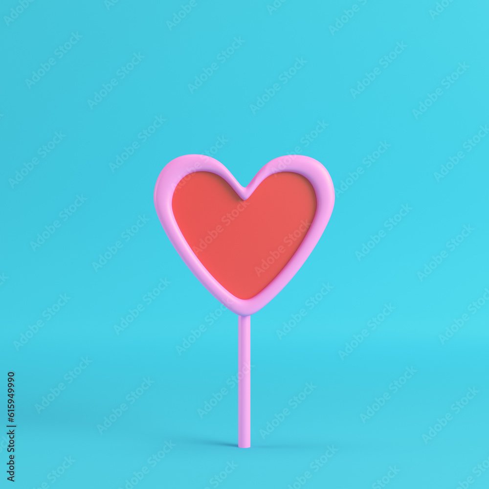 Pink with red heart on a stick on bright blue background in pastel colors. Minimalism concept. 3d render