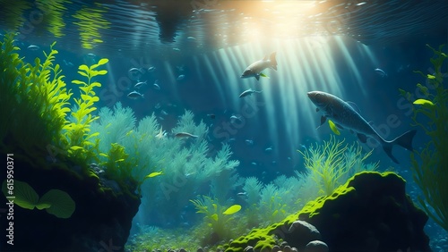 Underwater camera shot of a river with fishes, aquatic plants and sunrays breaking through the water surface Created with generative AI.