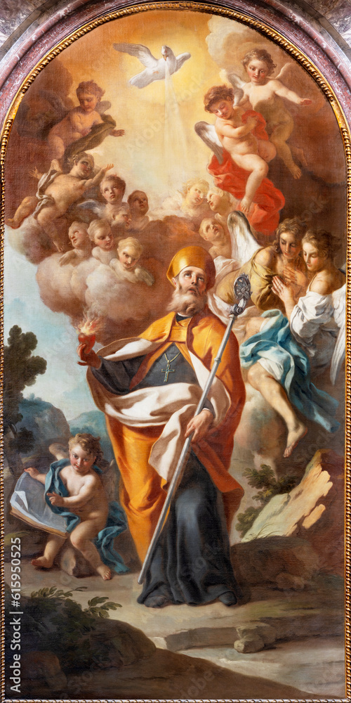 NAPLES, ITALY - APRIL 20, 2023: The painting of St. Augustine in the church Chiesa di Santa Caterina da Siena by Francesco De Mura  (1696 - 1782).
