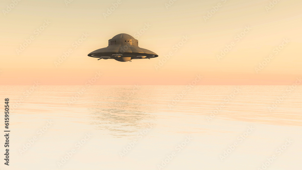 Naklejka premium 3d illustration of Haunebu flying over the sea