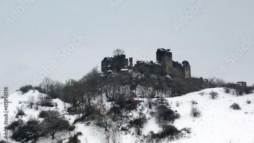 Medieval citadel on a hill in winter - low angle