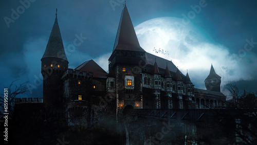 Old castle at midnight with full moon