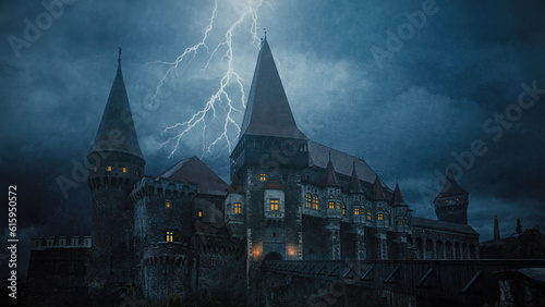 Old castle in Transylvania in a storm with lightnings