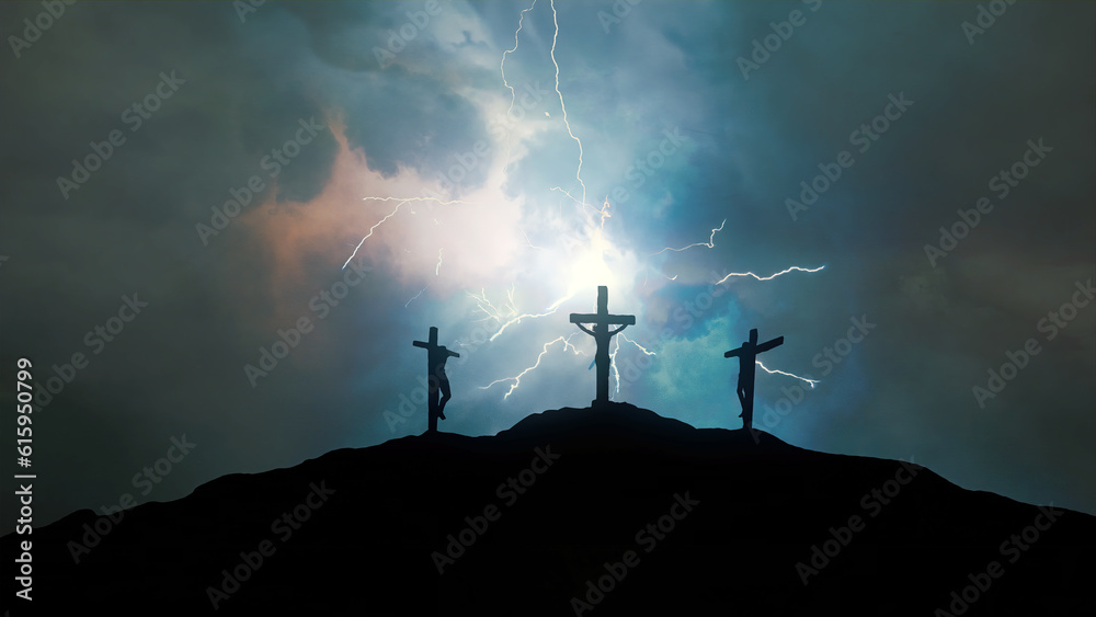 Three crosses on the Calvary in a stormy night - obrazy, fototapety, plakaty 