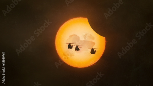 Solar eclipse with military helicopters