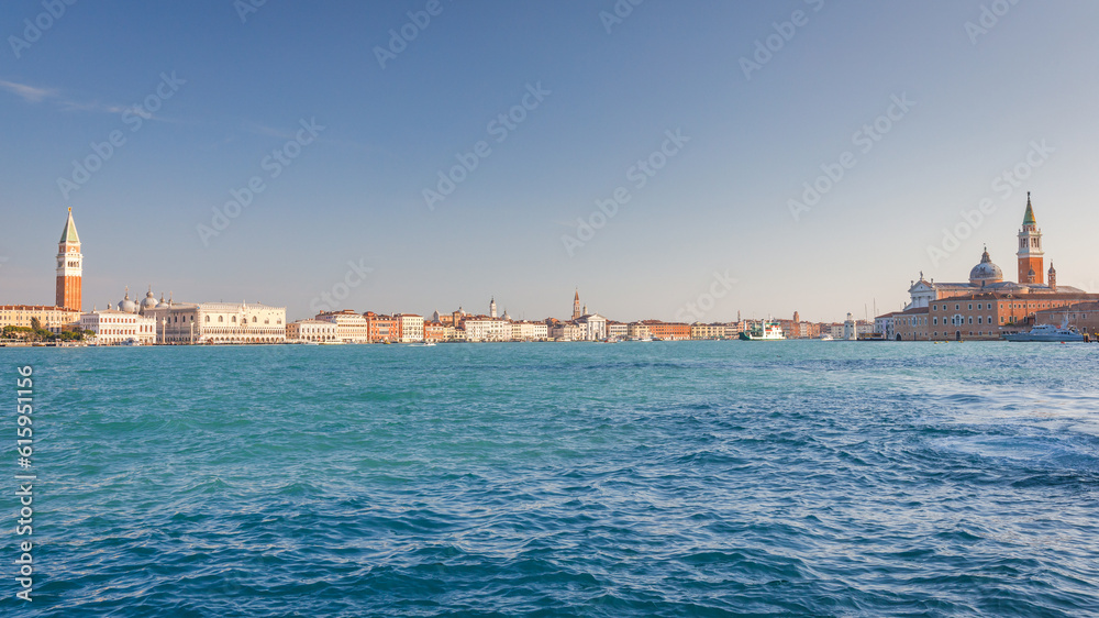 The Venice with St. Mark's Campanile and San Giorgio Maggiore island, view of San Marco basin, Italy, Europe.