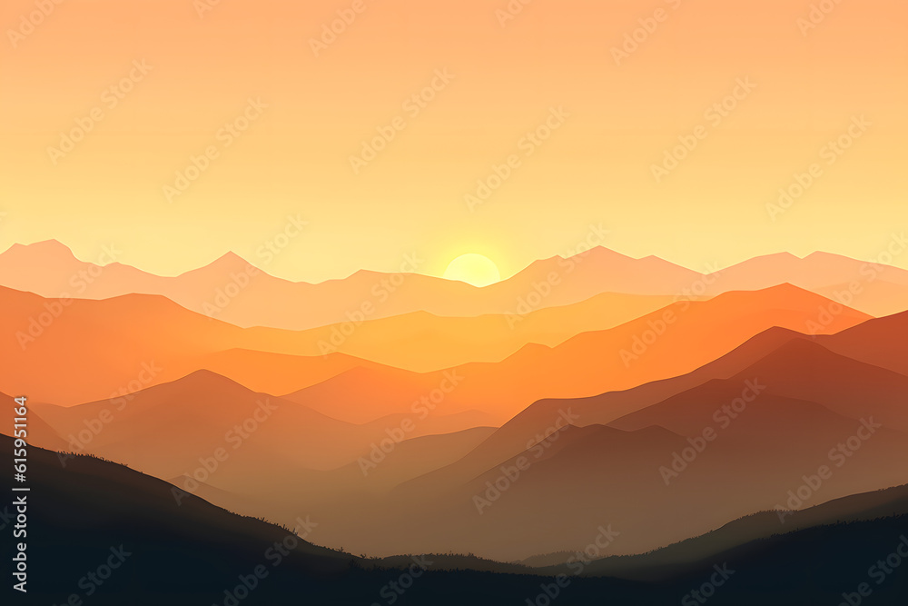 A calming dawn breaking over a still mountain range with subtle shades of orange and yellow illuminating the sky