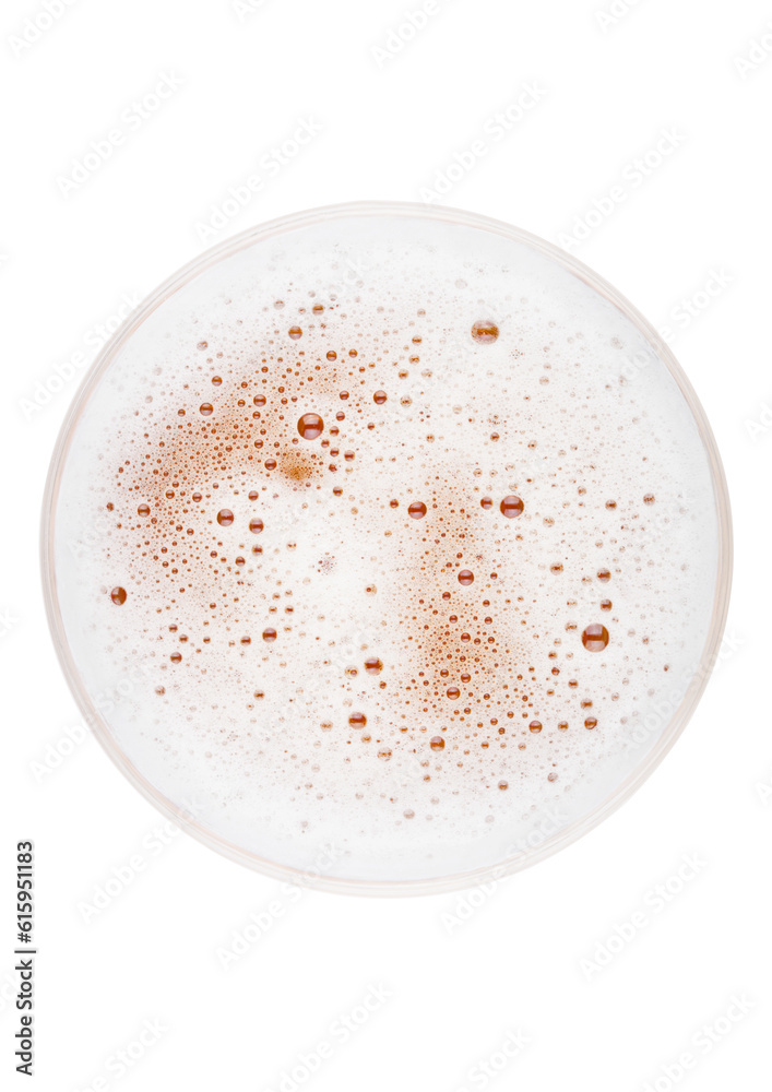 Glass of lager ale beer top view with foamon white background Glass of lager ale beer top view with foamon white background