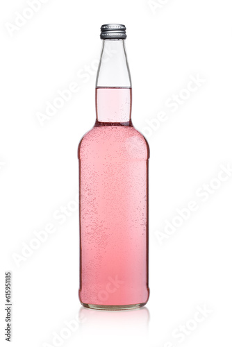 Bottle of pink sparkling lemonade organic water on white background