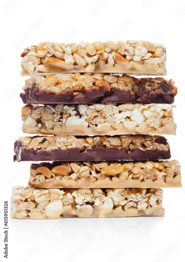 Protein cereal energy bars with nuts and caramel and chocolate for breakfast on white background Protein cereal energy bars with nuts and caramel and chocolate for breakfast on white background