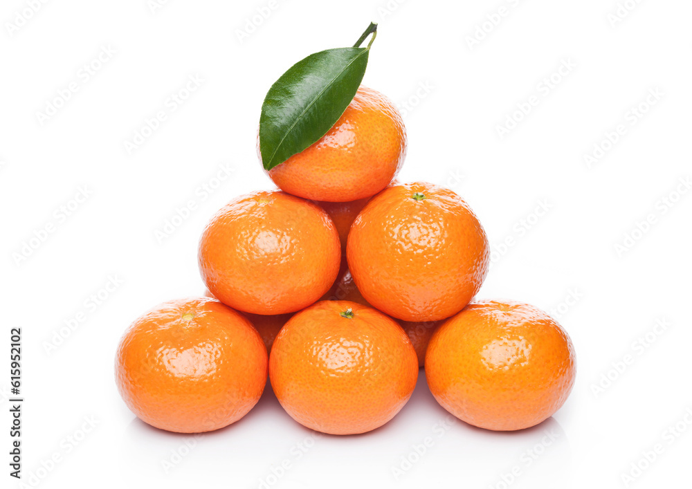 Fresh organic mandarins tangerines fruits with leaves on white background Fresh organic mandarins tangerines fruits with leaves on white background
