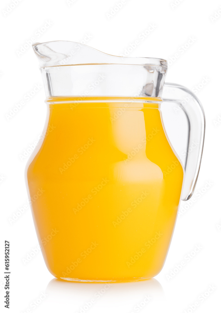 Glass jar of organic fresh orange smoothie juice with reflection on white background Glass jar of organic fresh orange smoothie juice with reflection on white background