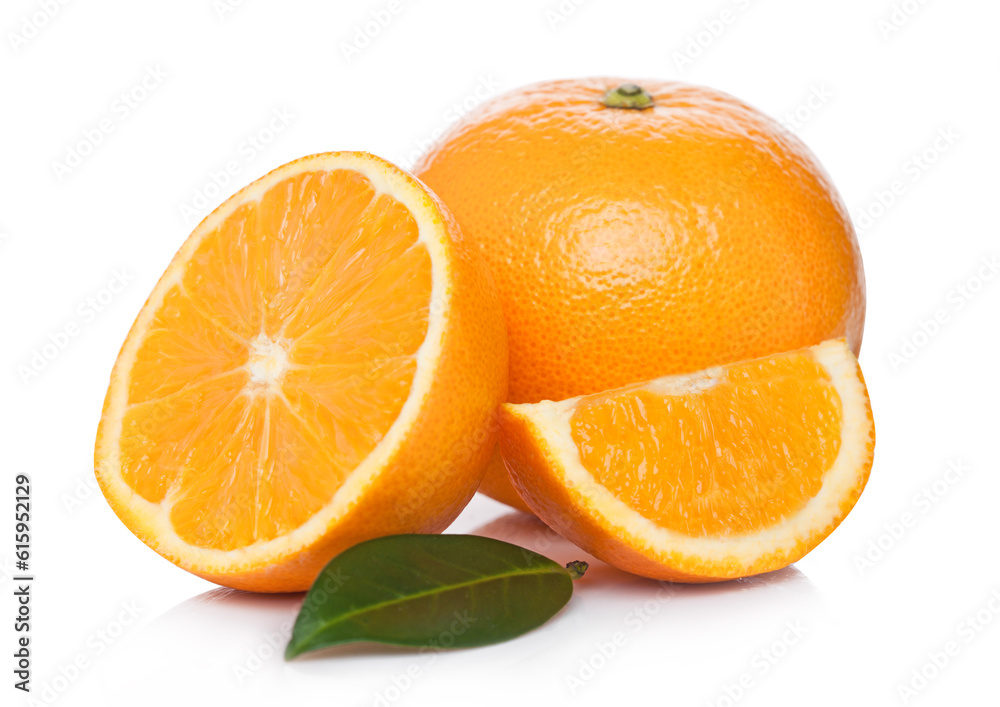 Fresh organic raw oranges with peeled halves with leaves on white background Fresh organic raw oranges with peeled halves with leaves on white background