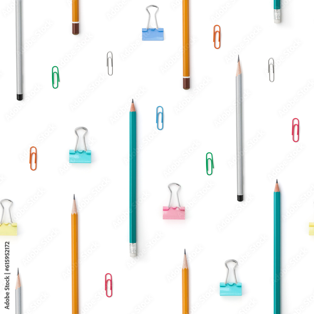Flat lay with bright stationery supplies on white background. Seamless pattern. Back to school Flat lay with bright stationery supplies on white background. Seamless pattern. Back to school