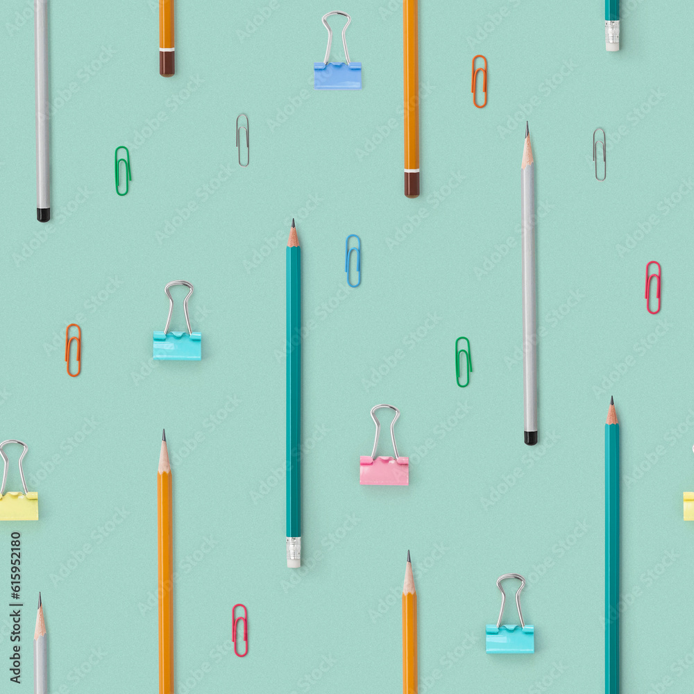 Flat lay with bright stationery supplies on blue background. Seamless pattern. Back to school Flat lay with bright stationery supplies on blue background. Seamless pattern. Back to school