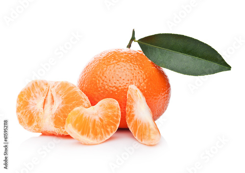 Fresh organic mandarins tangerines fruits with leaves with peeled halves on white background