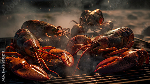 lobsters being cooked on a grill with smoke coming from the top and legs in the air as if it's going to burn