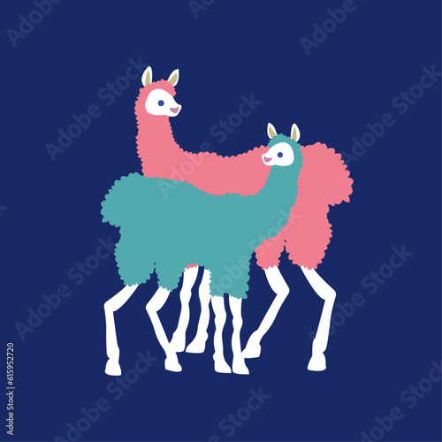 Silhouette of two alpaca llamas. Alpaca Llama family.