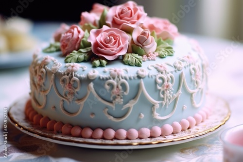 A beautifully decorated cake, it's icing in shades of baby blue and pink. Generative AI