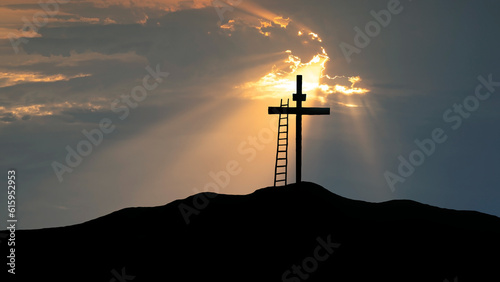 Calvary hill with cloudy sky and rays of sun