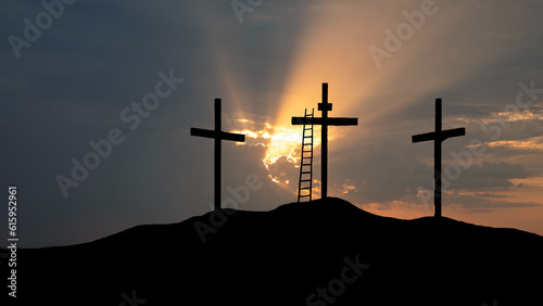 Calvary hill with rays and the three crosses