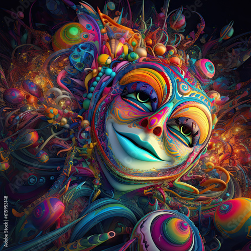the face of a clown, with many different colored shapes and colors on it's surface in an abstract style