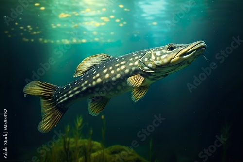 Pike fish under water in the wild, dark background   Generative AI © Kay