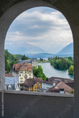 Blue water, towers and landscape in Bern Switzerland photo