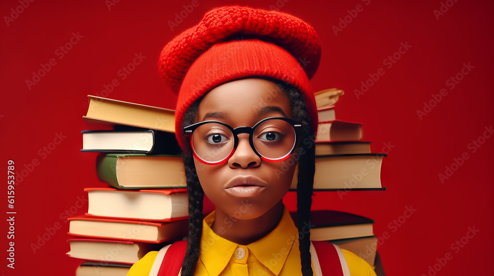 African American schoolgirl serious, looking at camera, wears glasses on red background with books. Education. Self-development. Generated by AI
