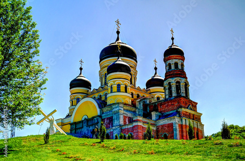 Exterior view to Saint Pantaleon church of Peter and Paul cathedral at orthodox Hancu Saint Paraskeva monastery in Moldova photo