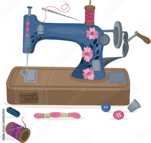 Sewing machine and supplies in cartoon style. Retro sewing vector