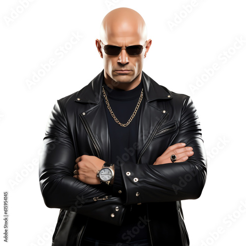 Badass bouncer with leather jacket, sunglasses and crossed arms isolated - Generative AI photo
