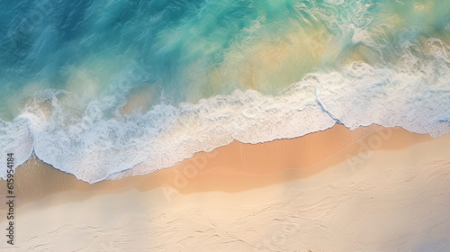 Beachscape  A serene aerial view of a pristine white sand beach surrounded by crystal clear  very clear turquoise waters  text poster summer background template  copy space banner generated ai