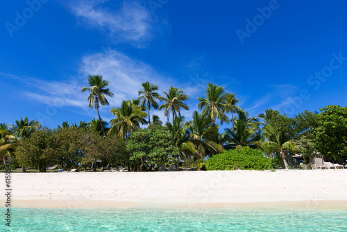 pristine empty island at fiji, south pacific, with blue sky, palm trees, white sand beach and turquoise lagoon