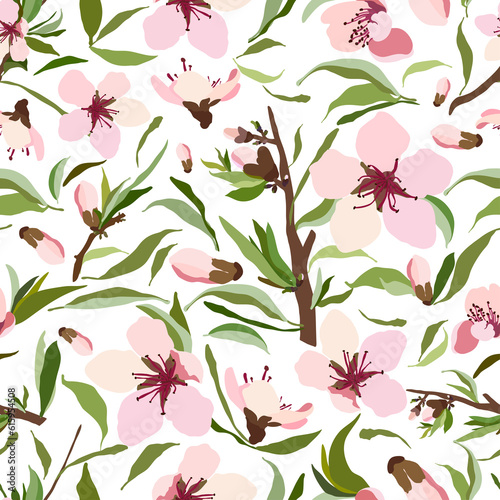 Peach blossoms on a white background.For fabrics, for printing brochures, posters, parties, vintage textile design, postcards, packaging.