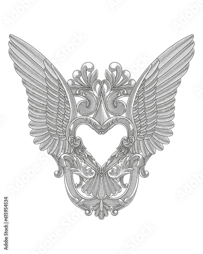heart with wings and floral ornament, Vintage engraving drawing style, antique frame design vector illustration
