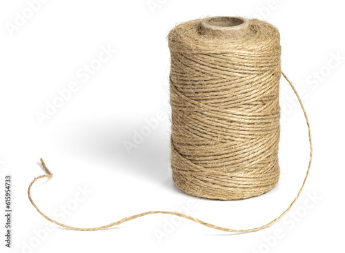 Coil of jute rope for packing, isolated on a white background.