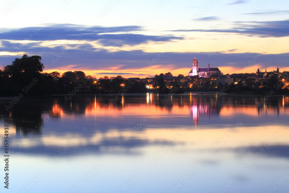Cathedral and river Loire in the sunset, Nevers, Burgundy, France