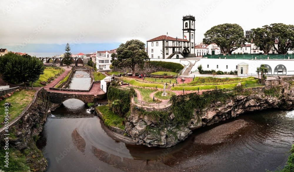 Panoramic cityscape view to Municipality and central square Of Ribeira Grande at Sao Miguel, Azores, Portugal